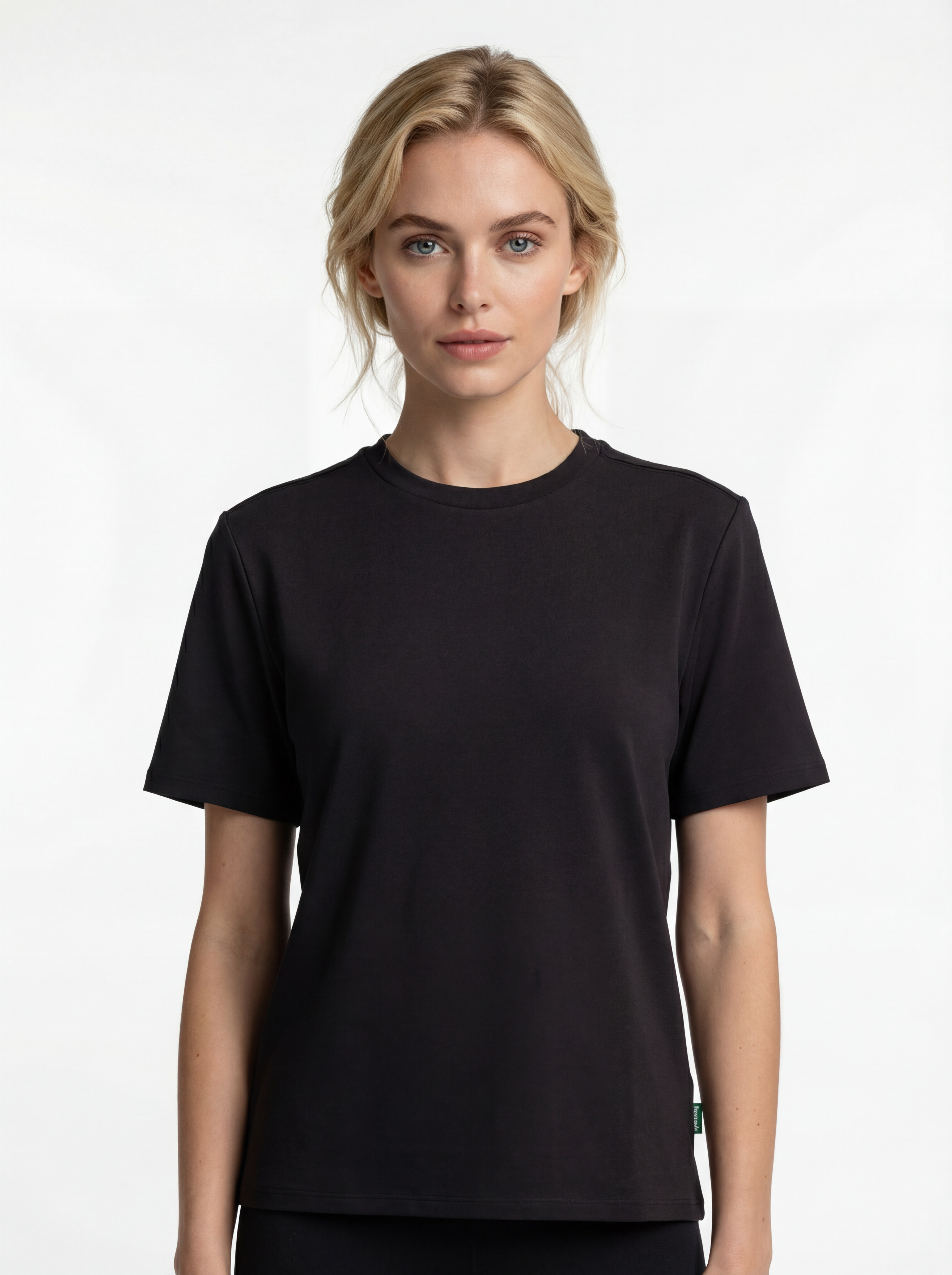 grand tee t shirt women black color with white young model ai generated image3