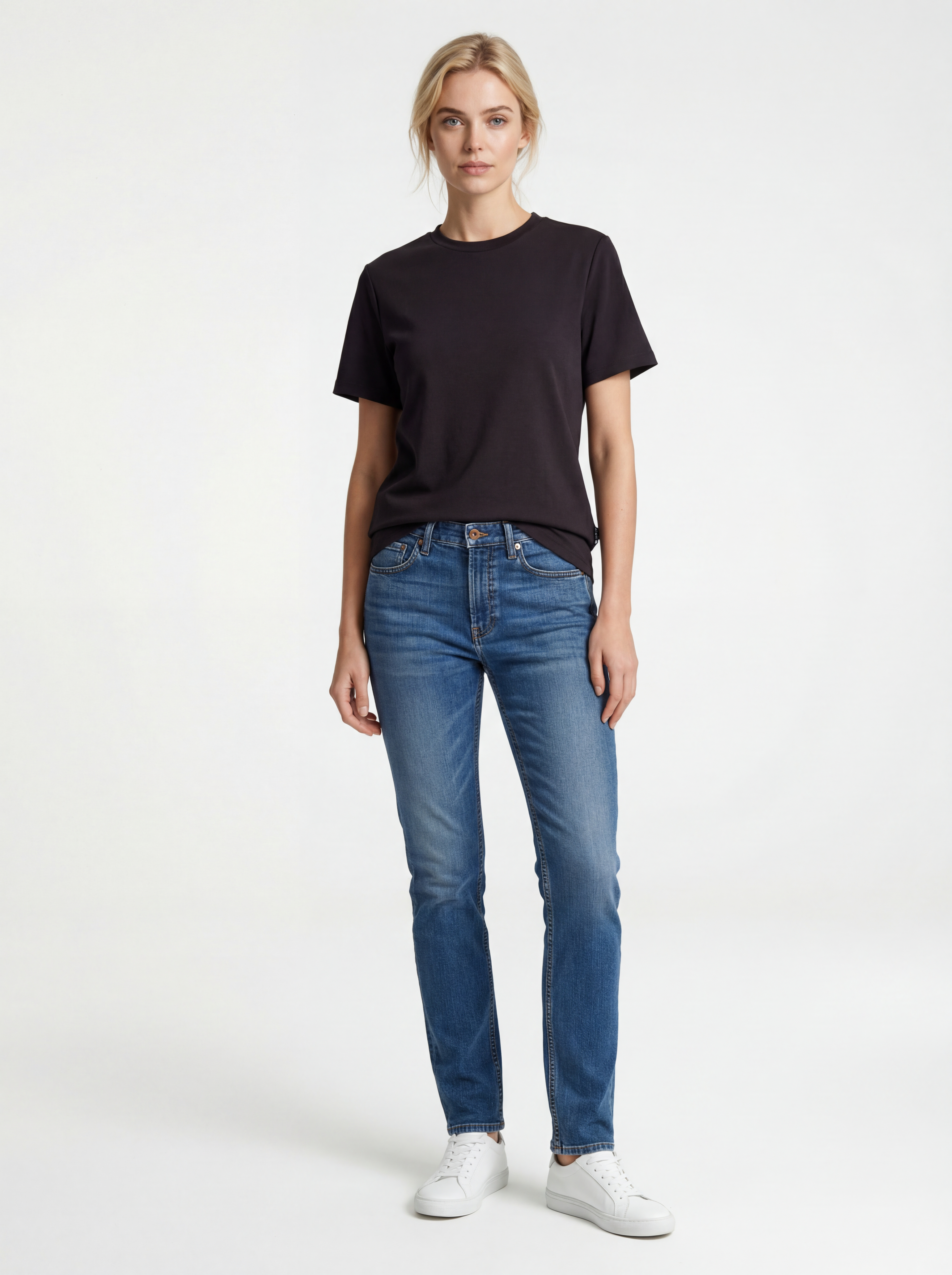 grand tee t shirt women black color with white young model ai generated image7