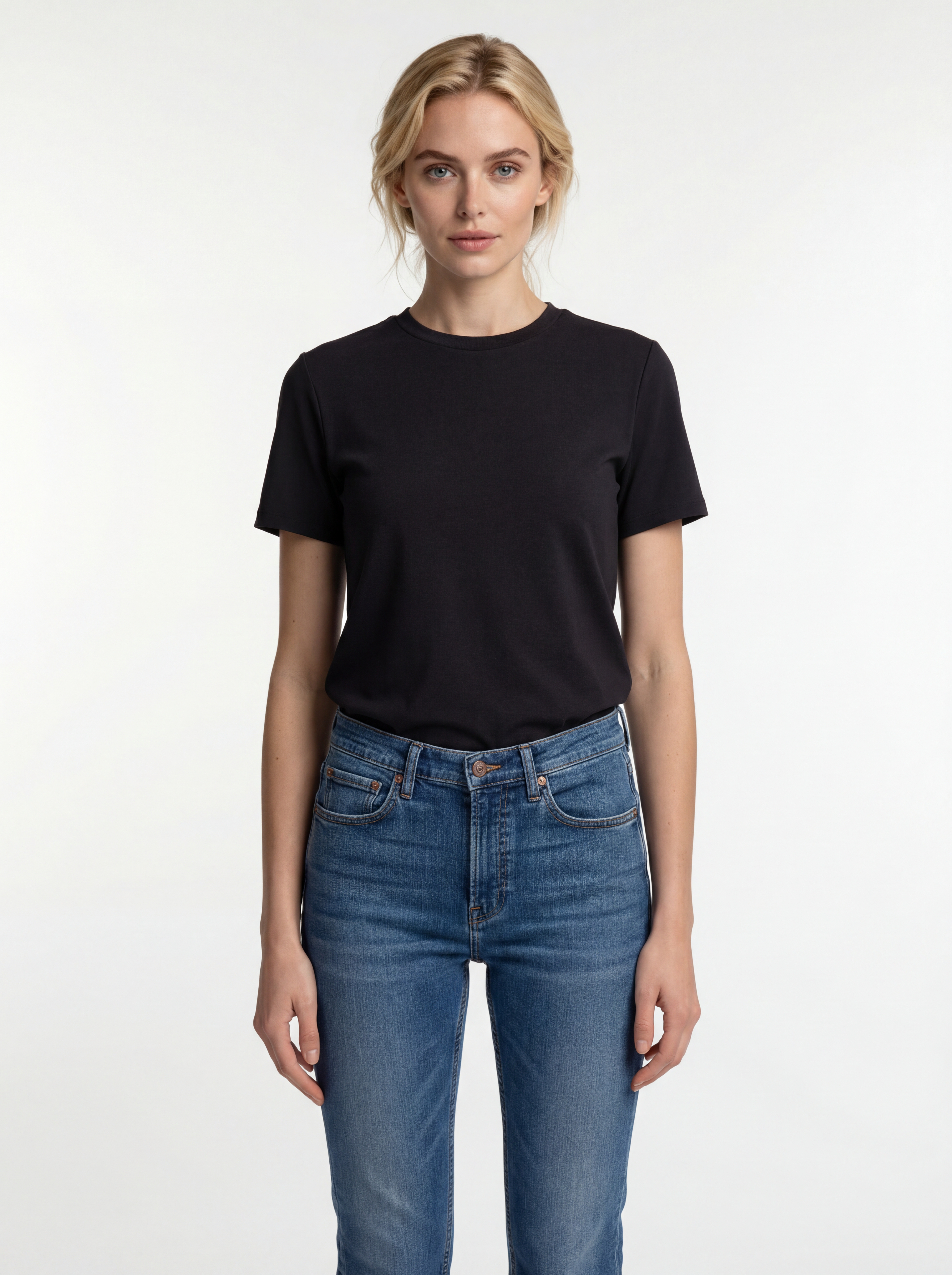 grand tee t shirt women black color with white young model ai generated image7